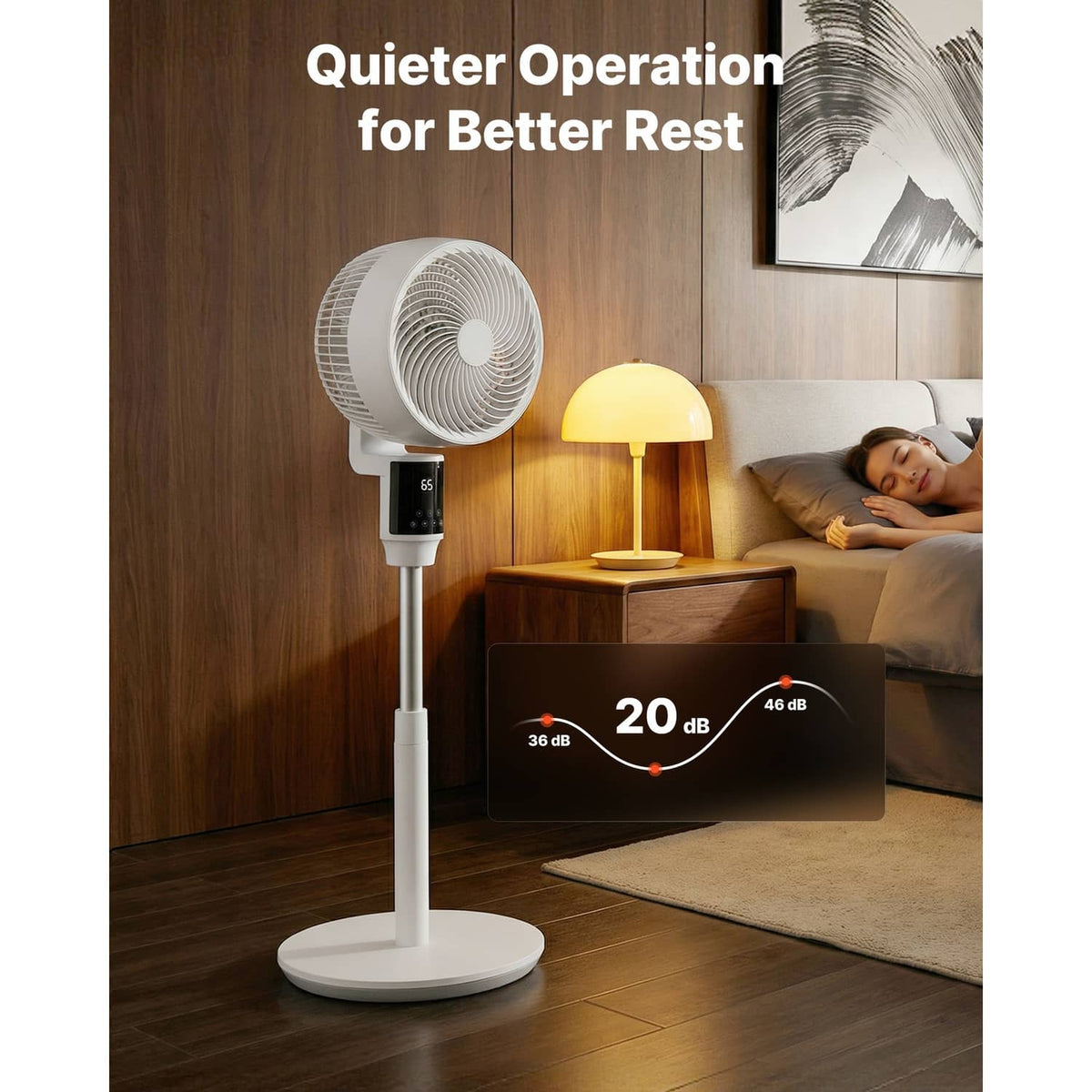 White pedestal fan on a stand with circular grille, quiet operation in a bedroom scene
