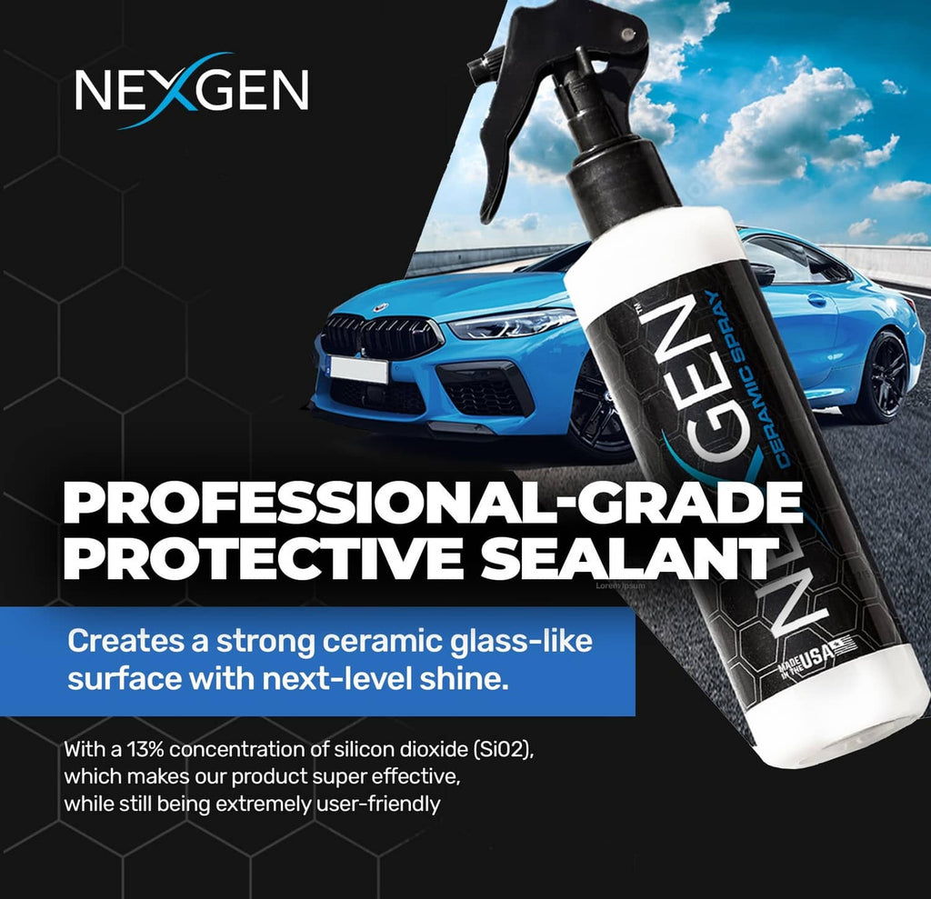 Nexgen ceramic spray coating bottle with trigger sprayer beside blue car