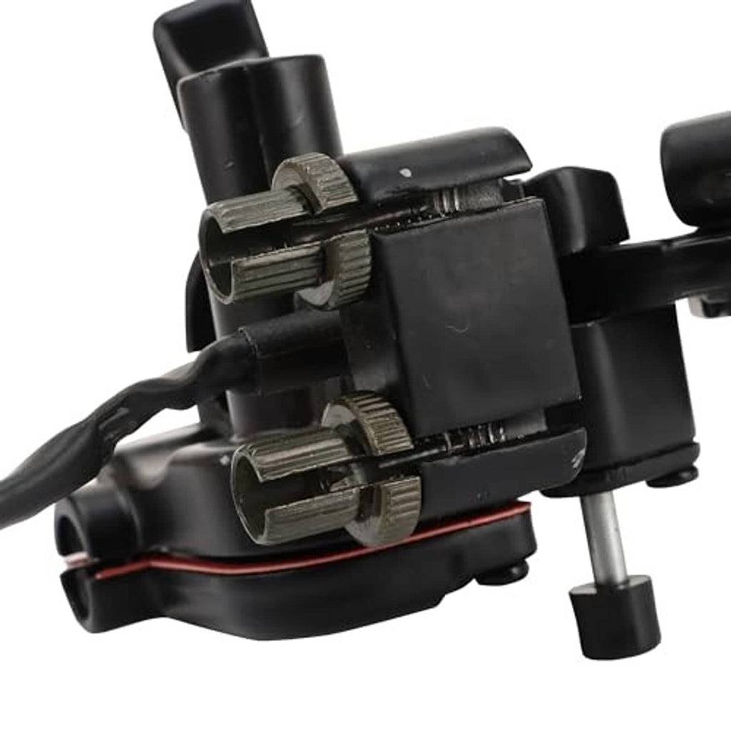 Close-up of black throttle control with exposed metal adjusters and wire connections.
