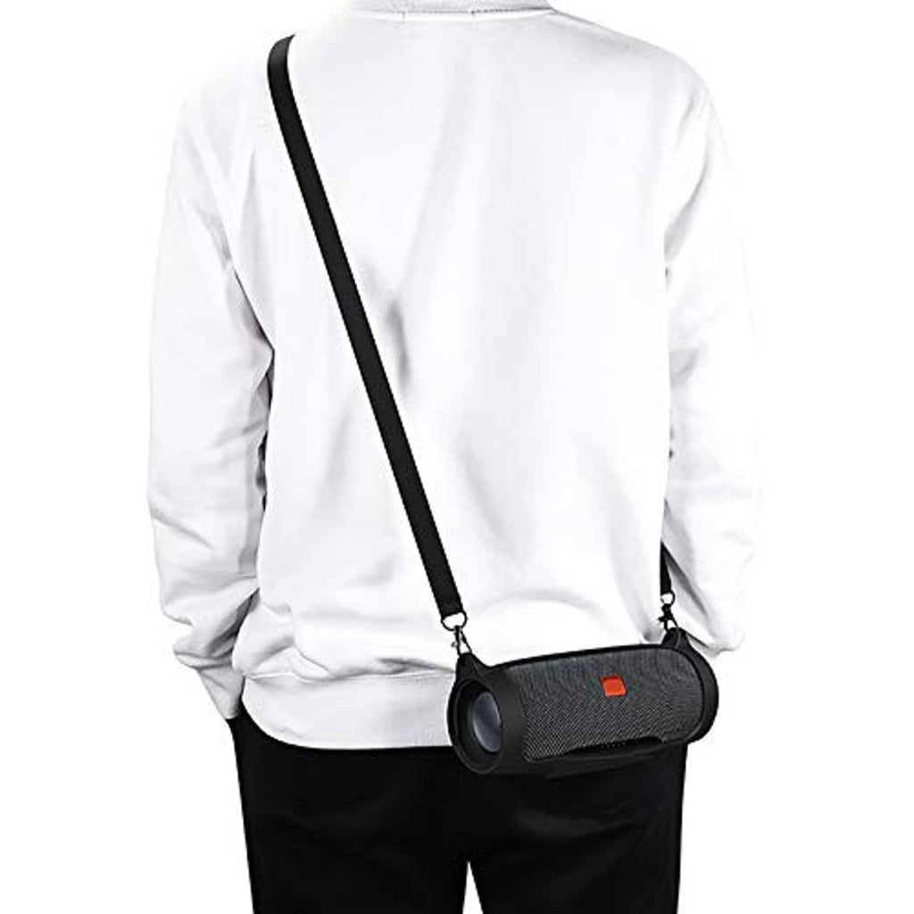 Portable Bluetooth speaker in black silicone sleeve worn crossbody over a white shirt