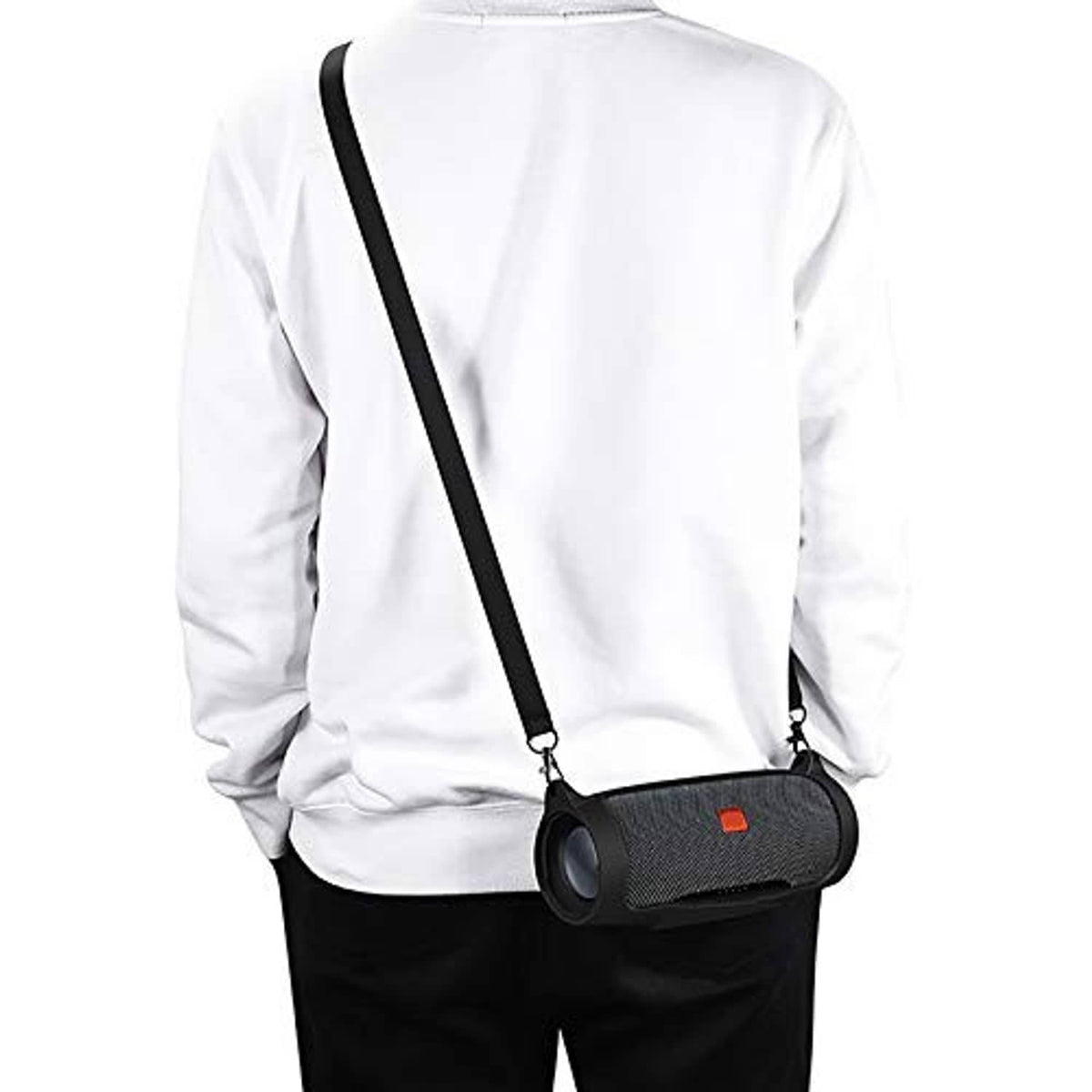 Portable Bluetooth speaker in black silicone sleeve worn crossbody over a white shirt