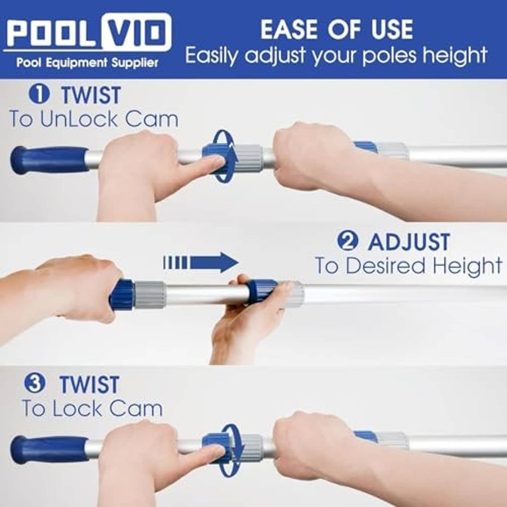 Telescopic pool pole being adjusted by hands with blue twist-lock cam