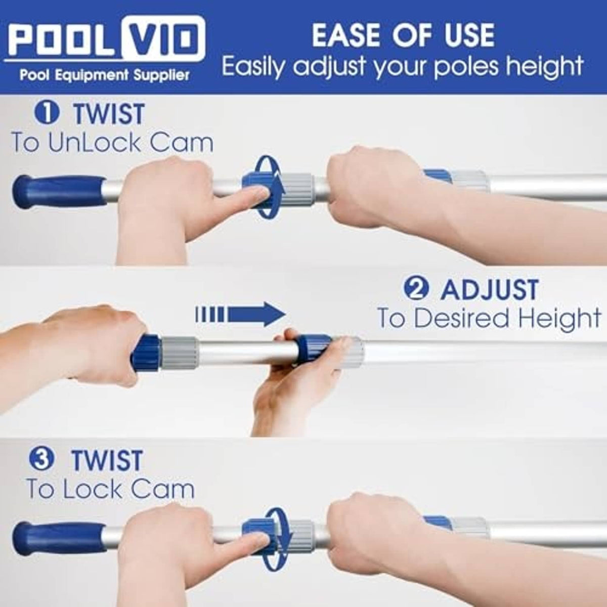 Telescopic pool pole being adjusted by hands with blue twist-lock cam