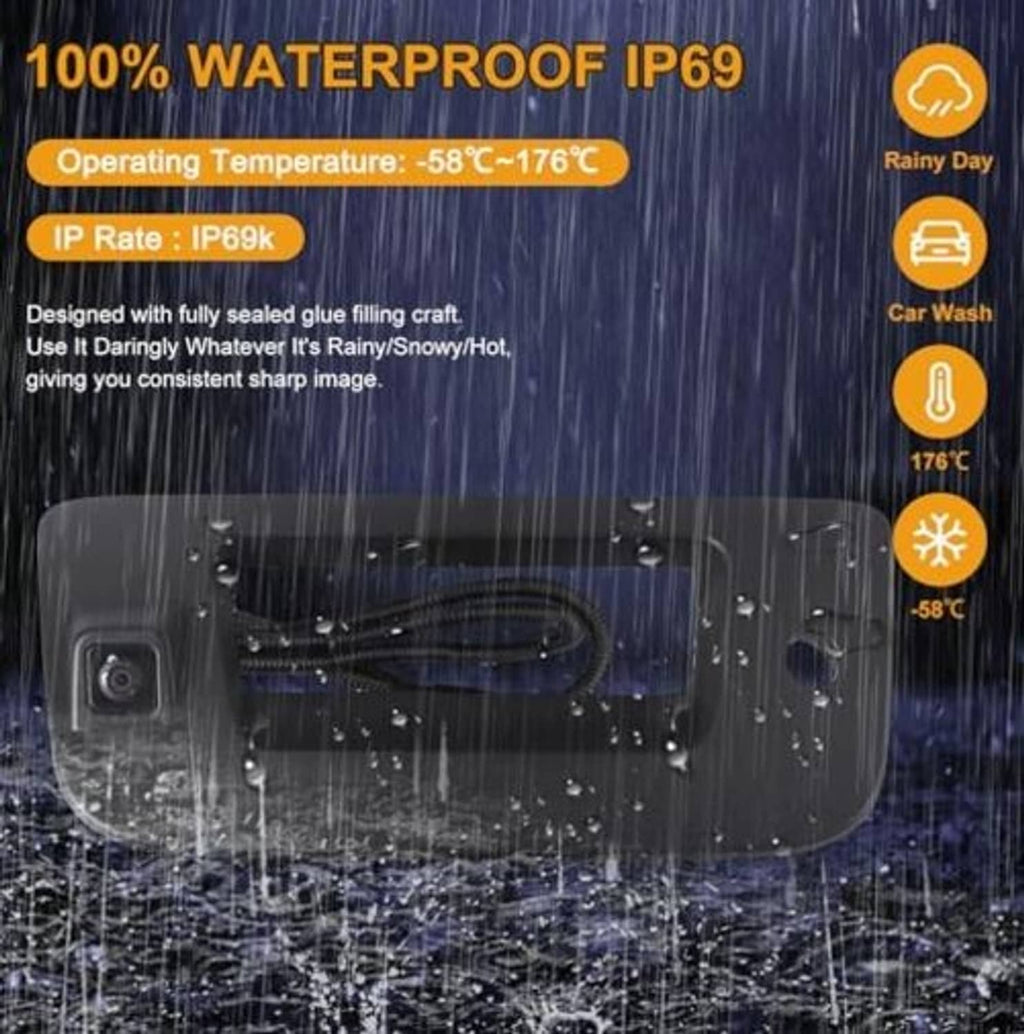 Waterproof backup camera housing with raindrop graphic and sealed lens area