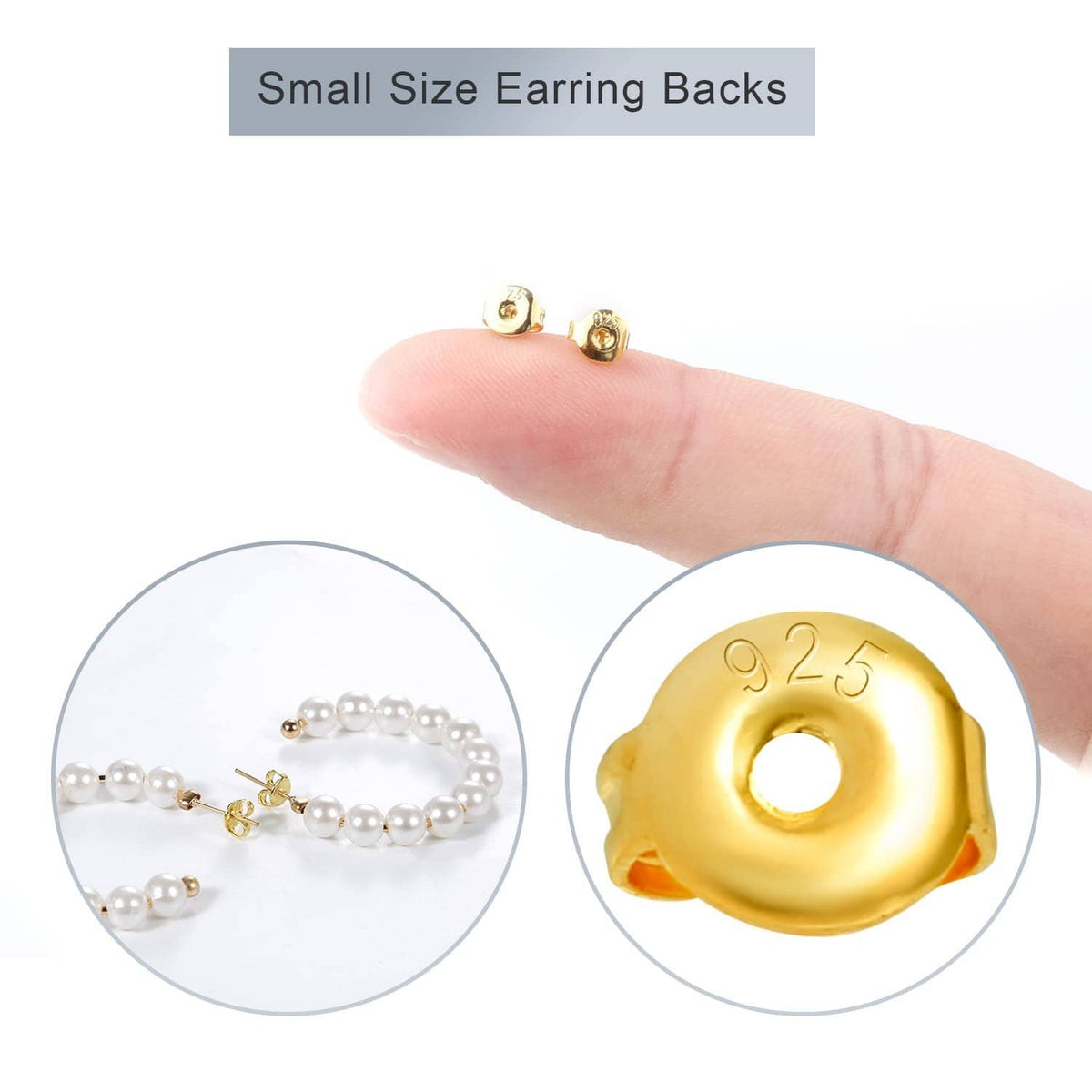 Gold butterfly earring back in hand, small stud fastener