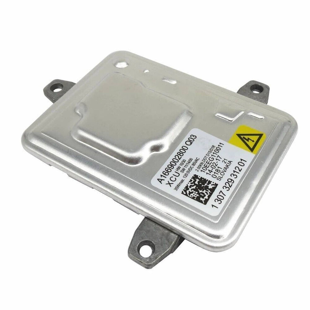 Xenon HID headlight ballast control unit, silver metal housing with label and bracket.