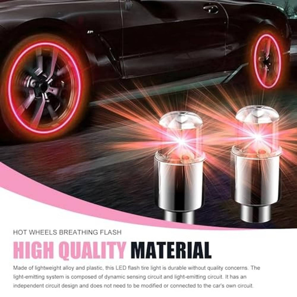 Red LED tire valve stem cap with clear light dome on chrome body