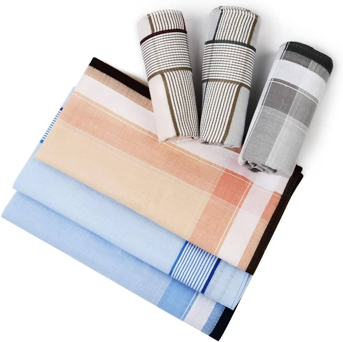 Assorted men’s handkerchiefs with blue, gray, black, and stripe borders
