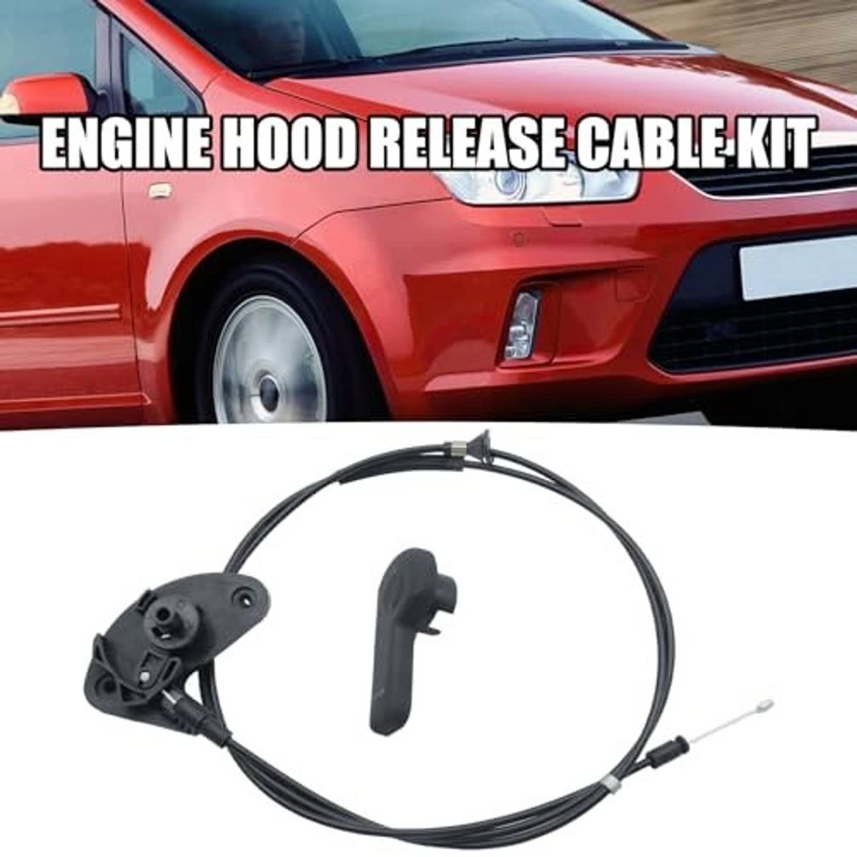 Black hood release cable kit laid out: handle, cable loop, and latch assembly