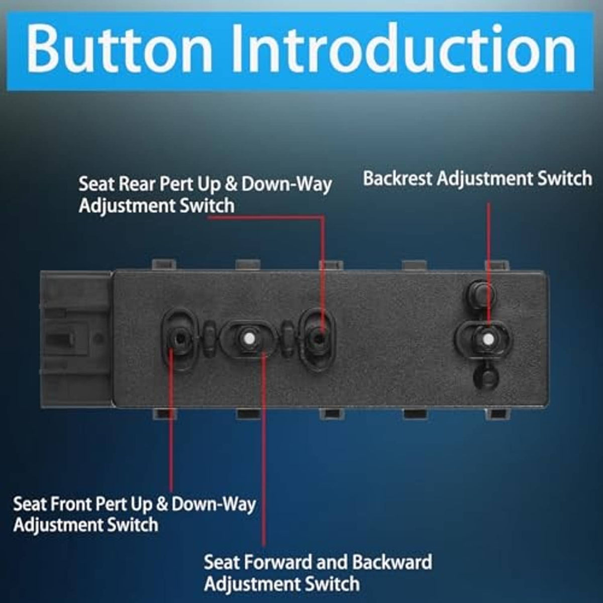 Power seat switch rear connector layout with multiple pins and mounting clips