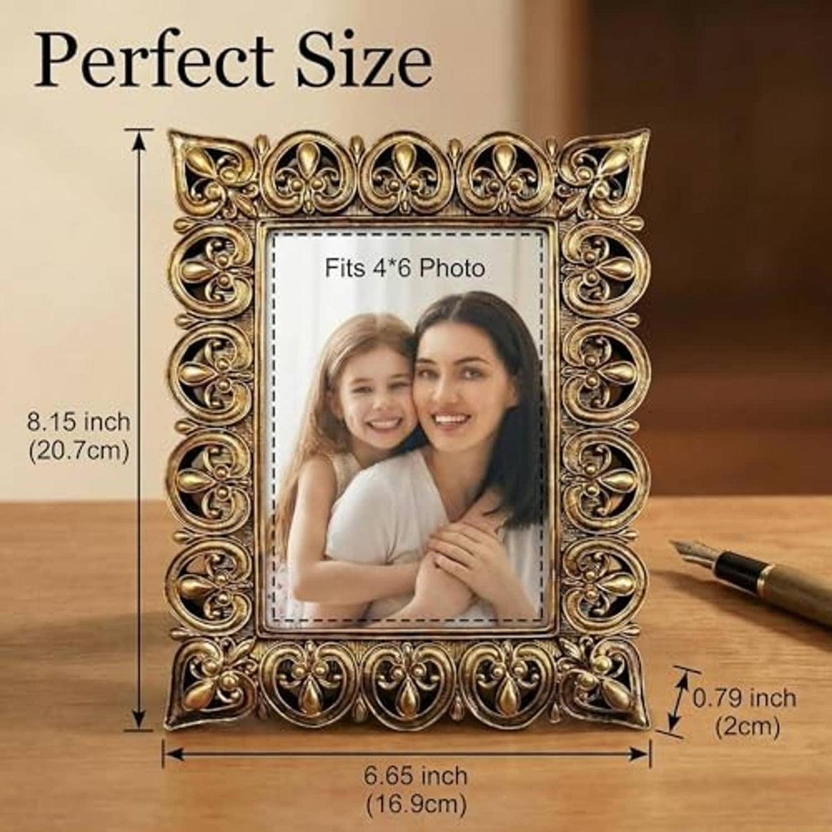 Antique gold scroll photo frame with baroque border, displaying a 4x6 portrait