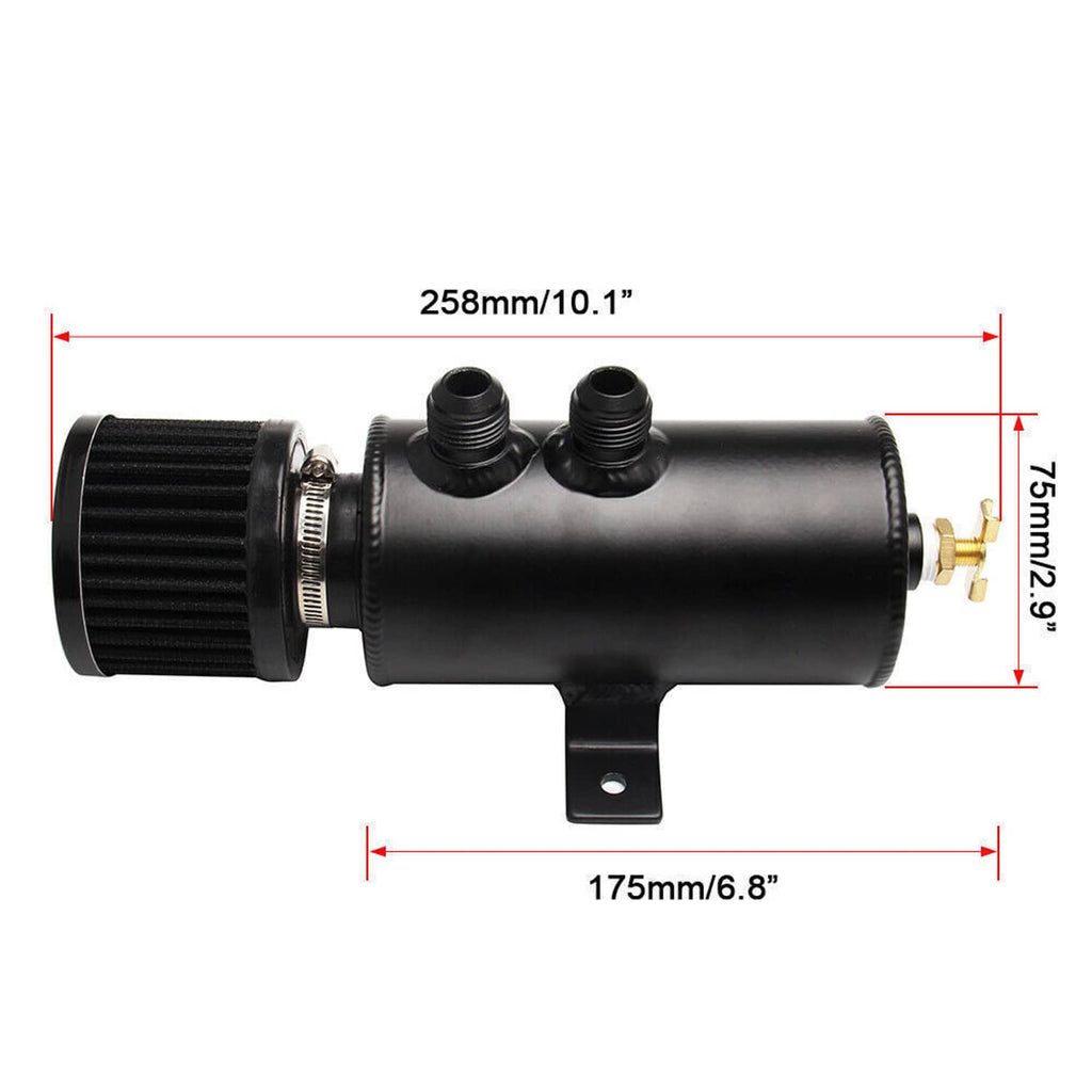 Oil catch can reservoir tank with two top ports and front mounting bracket