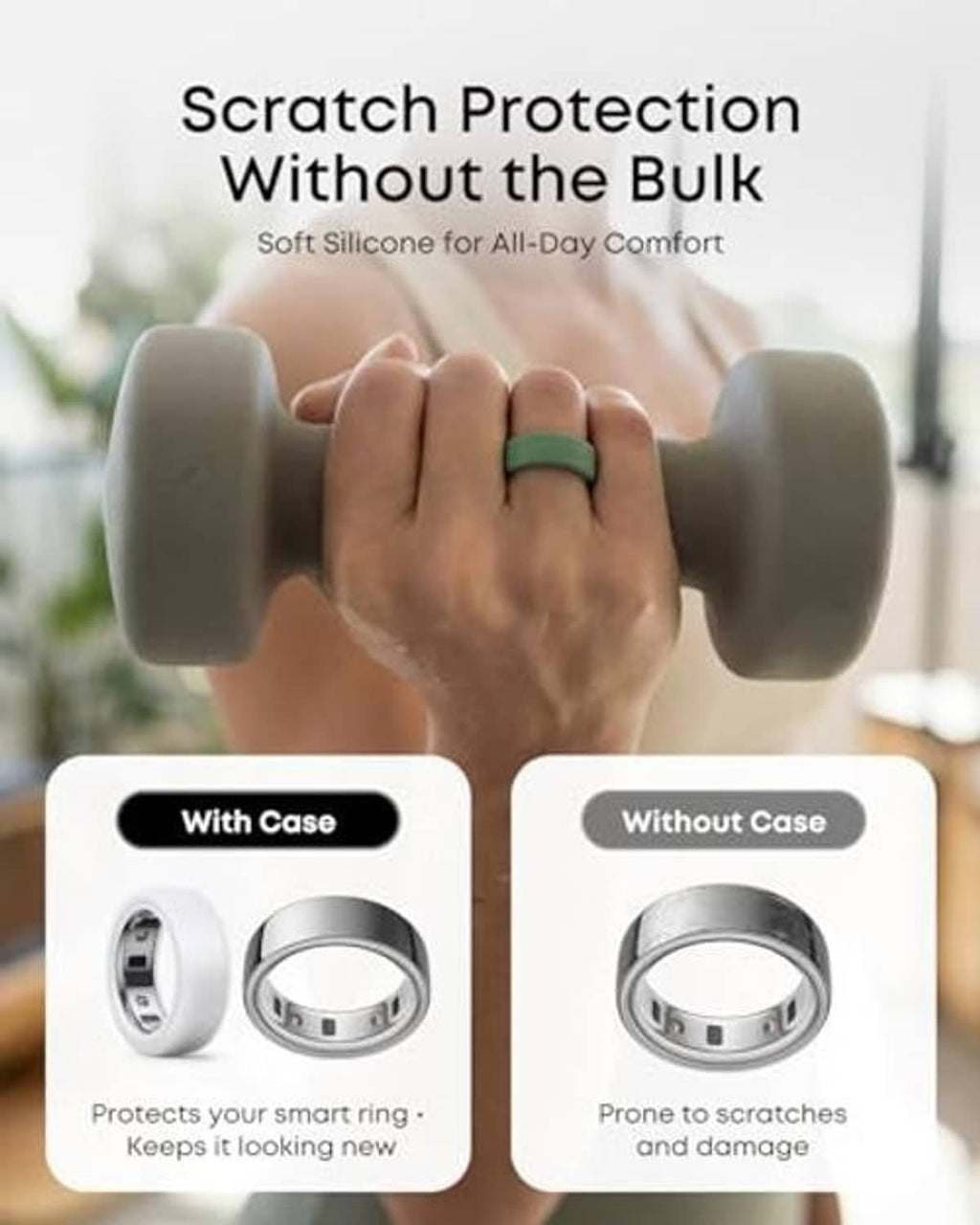 Silicone ring covers with scratch protection, with and without case shown in gray and green