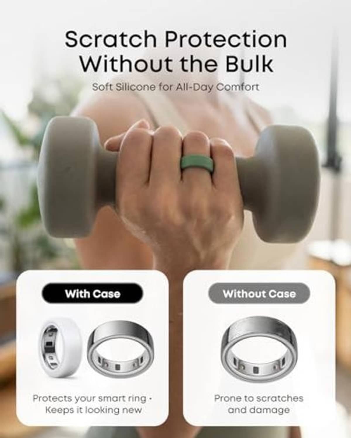 Silicone ring covers with scratch protection, with and without case shown in gray and green