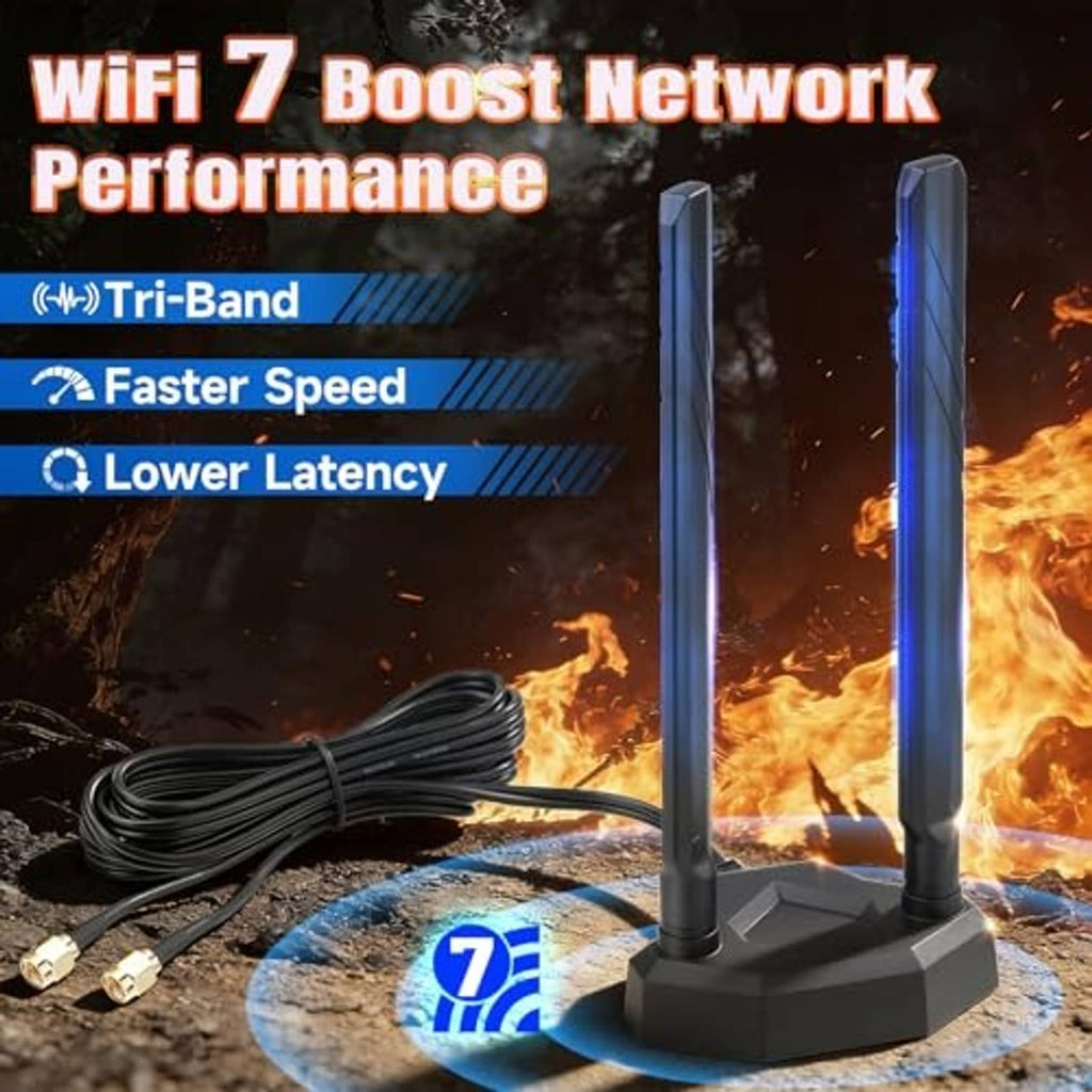 WiFi antenna pair with magnetic base and black cable, tall slender dual stems