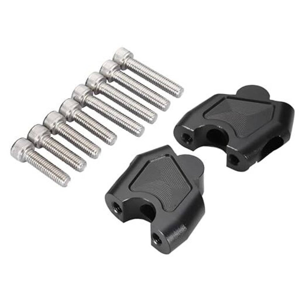 Adjustable motorcycle handlebar risers with black CNC clamps and silver bolts