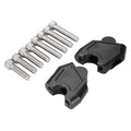 Adjustable motorcycle handlebar risers with black CNC clamps and silver bolts
