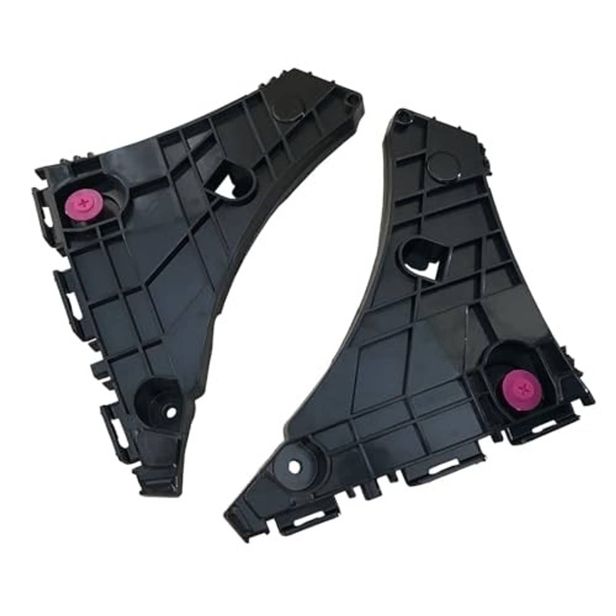 Black front bumper bracket mounting supports with pink clips, left and right pair