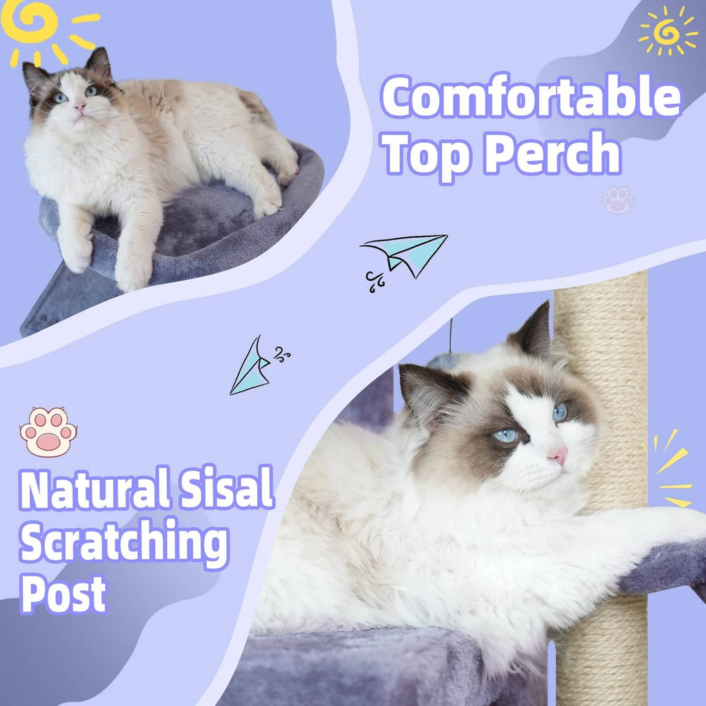 Siamese cat resting on plush top perch of a blue-gray cat tree with beige sisal post