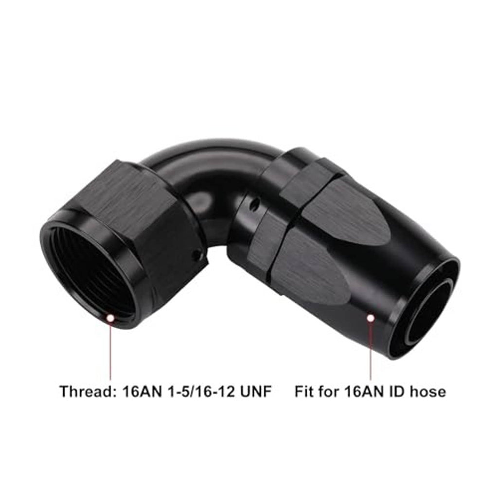 Black 90-degree elbow AN hose end fitting with two threaded ports and full-flow curve