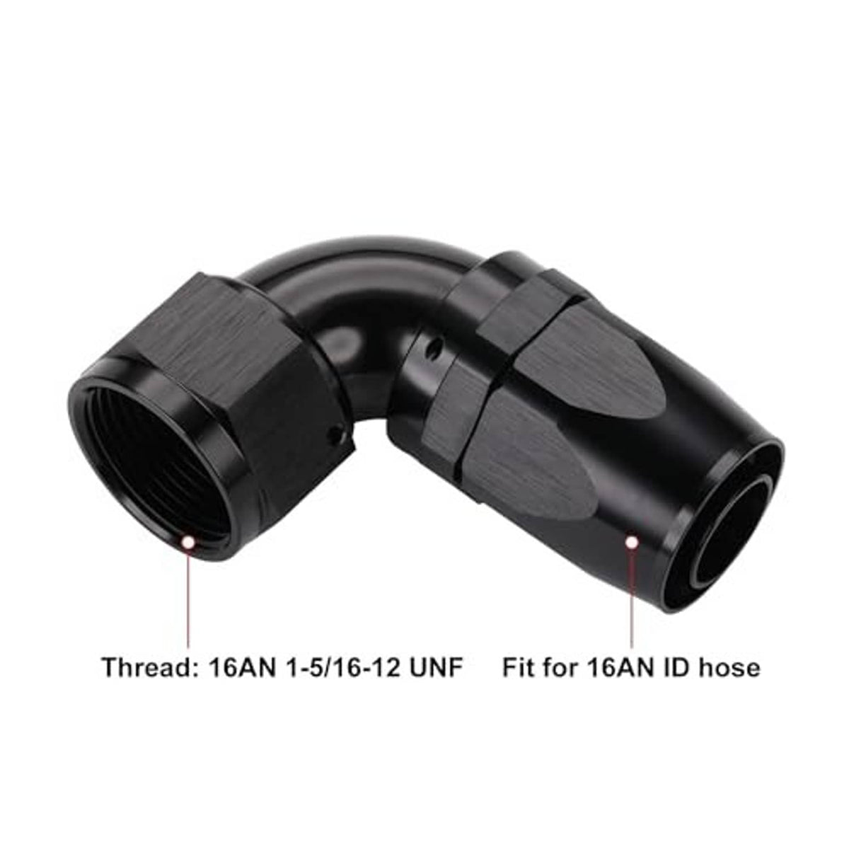Black 90-degree elbow AN hose end fitting with two threaded ports and full-flow curve