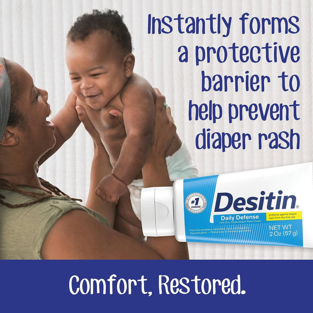 Desitin Daily Defense diaper rash cream tube with protective barrier message