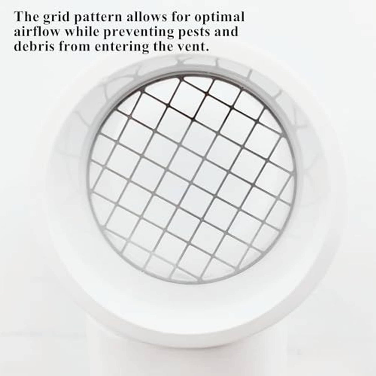 Round stainless mesh vent screen with square grid pattern under white rim