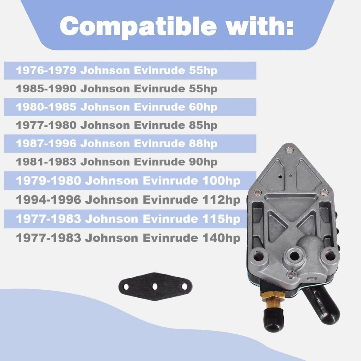Outboard fuel pump with metal housing, black hoses, and gasket