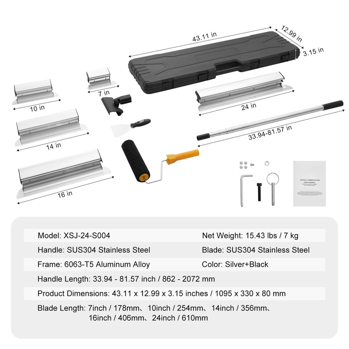 Drywall skimming blade kit with 7–24 in stainless blades, roller grip, and storage case