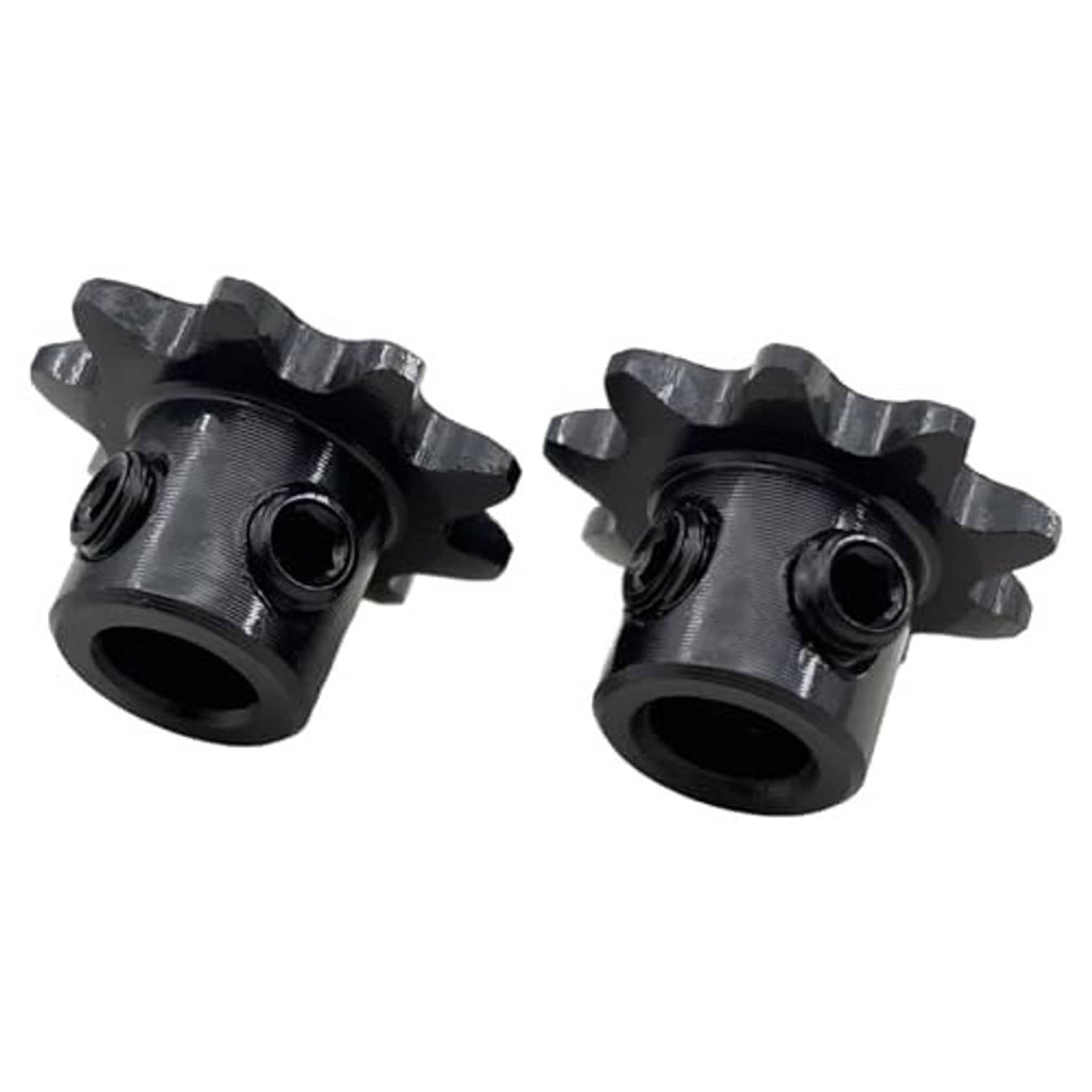 Two black 9-tooth chain sprockets with threaded mounting holes and bores