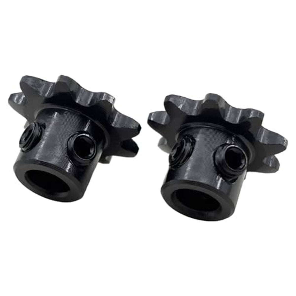 Two black 9-tooth chain sprockets with threaded mounting holes and bores