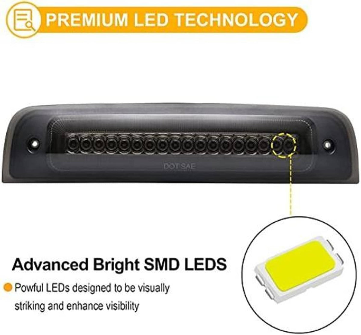 Smoked LED third brake light bar with row of circular LEDs and highlighted SMD bulb