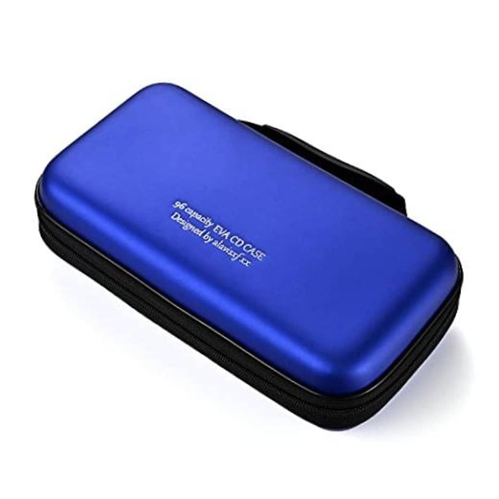 Blue hard EVA CD/DVD case with black zipper, compact rectangular storage