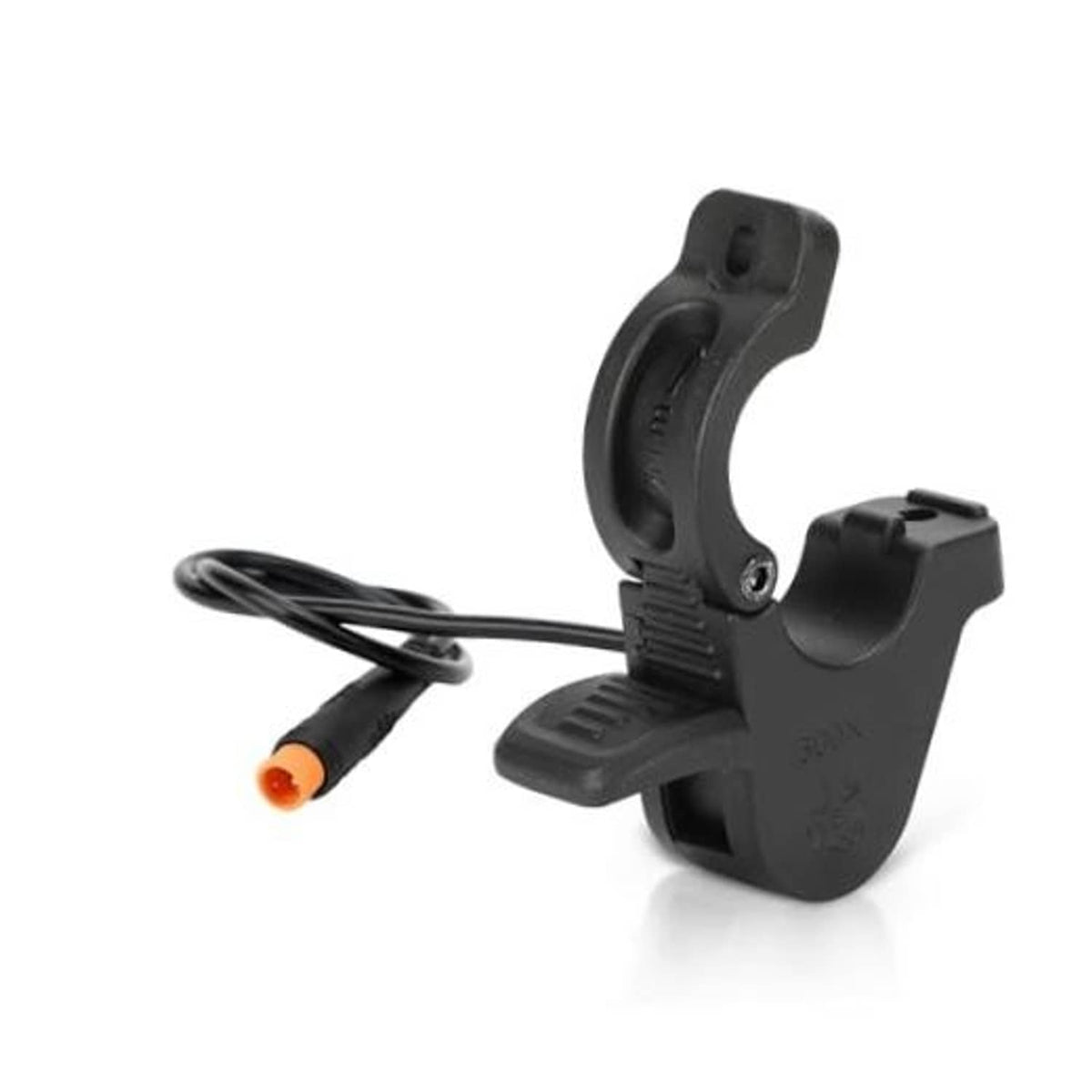 Black 3-pin thumb throttle with orange connector and attached wire for e-scooter