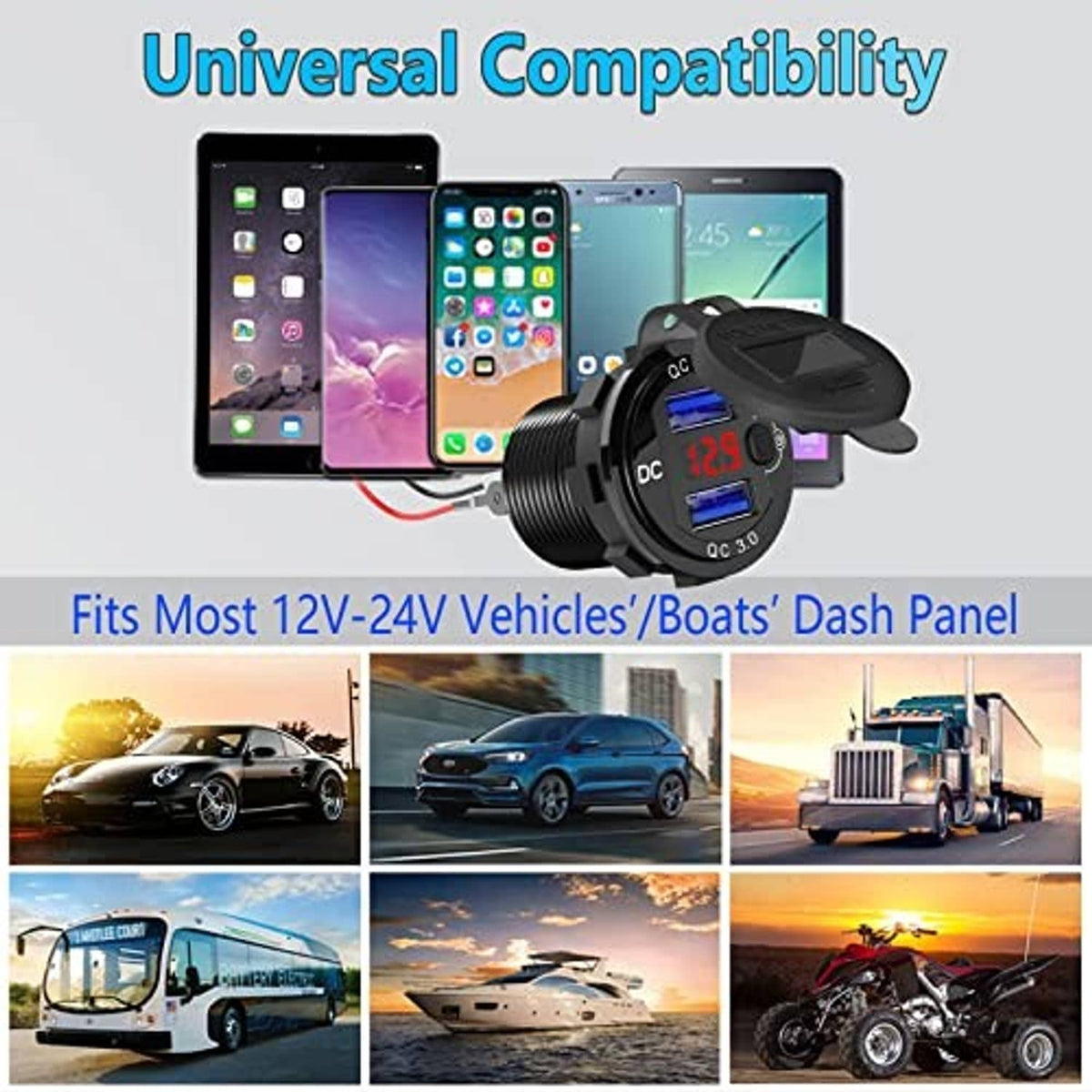 Universal dual USB QC 3.0 car charger with voltage meter, black housing