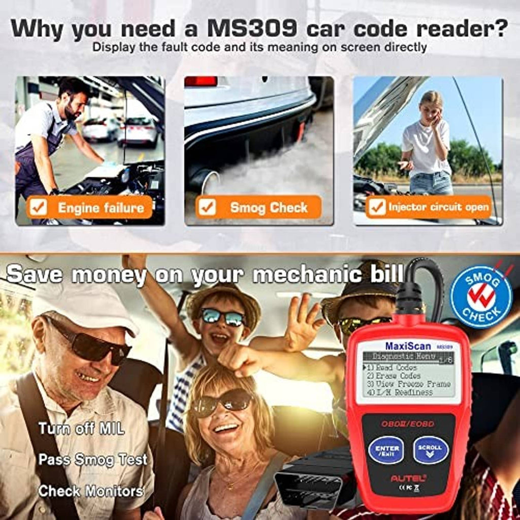 Red OBD II code reader with LCD diagnostic menu, OBD/EOBD label, and front angled connector