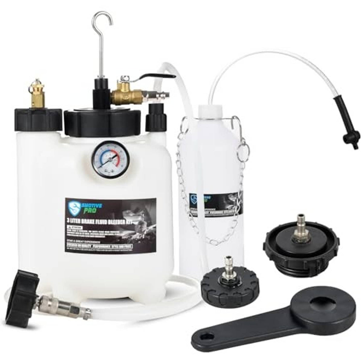 3L pneumatic brake bleeder kit set: pressure tank, gauge, suction hose, and connectors