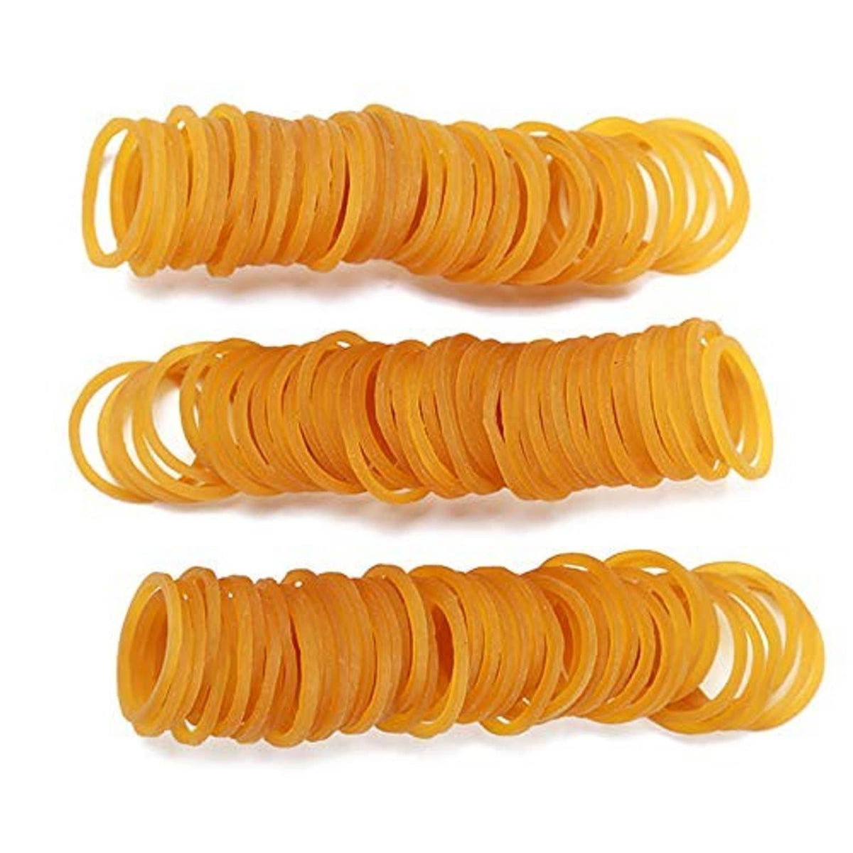 Yellow mini rubber bands bundled in three rows