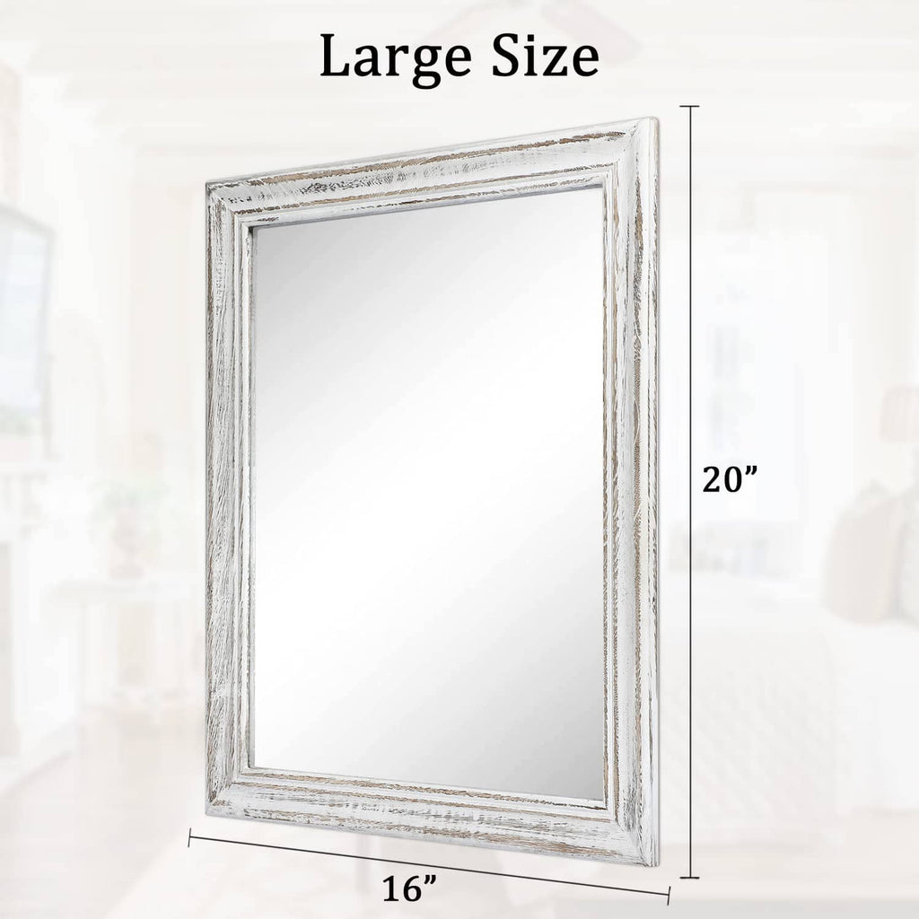 Rectangular wall mirror with distressed white wood frame, vertical orientation