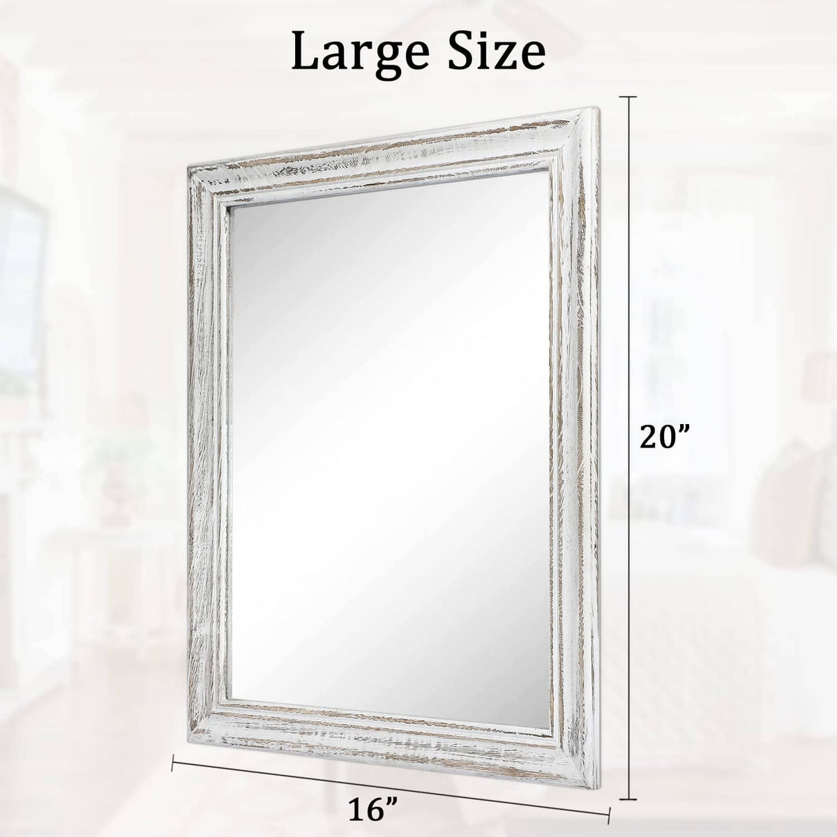 Rectangular wall mirror with distressed white wood frame, vertical orientation