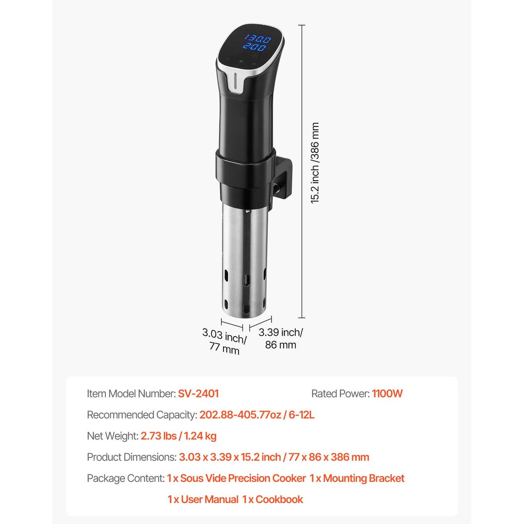 Sous vide precision cooker with labeled dimensions, black top and blue LED display