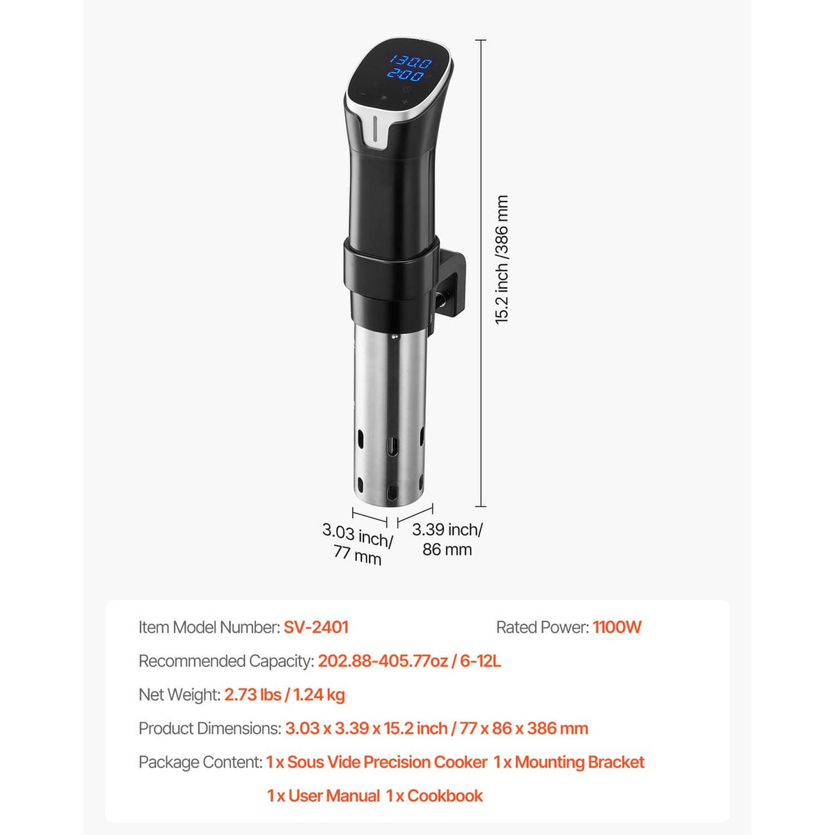 Sous vide precision cooker with labeled dimensions, black top and blue LED display