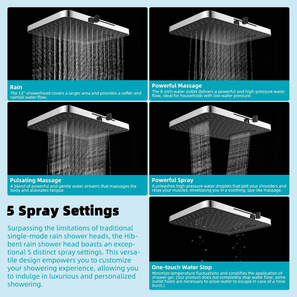 Shower head showing multiple spray modes with different water stream patterns