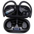 Black wireless earbuds in charging case, earbuds open with blue status lights.