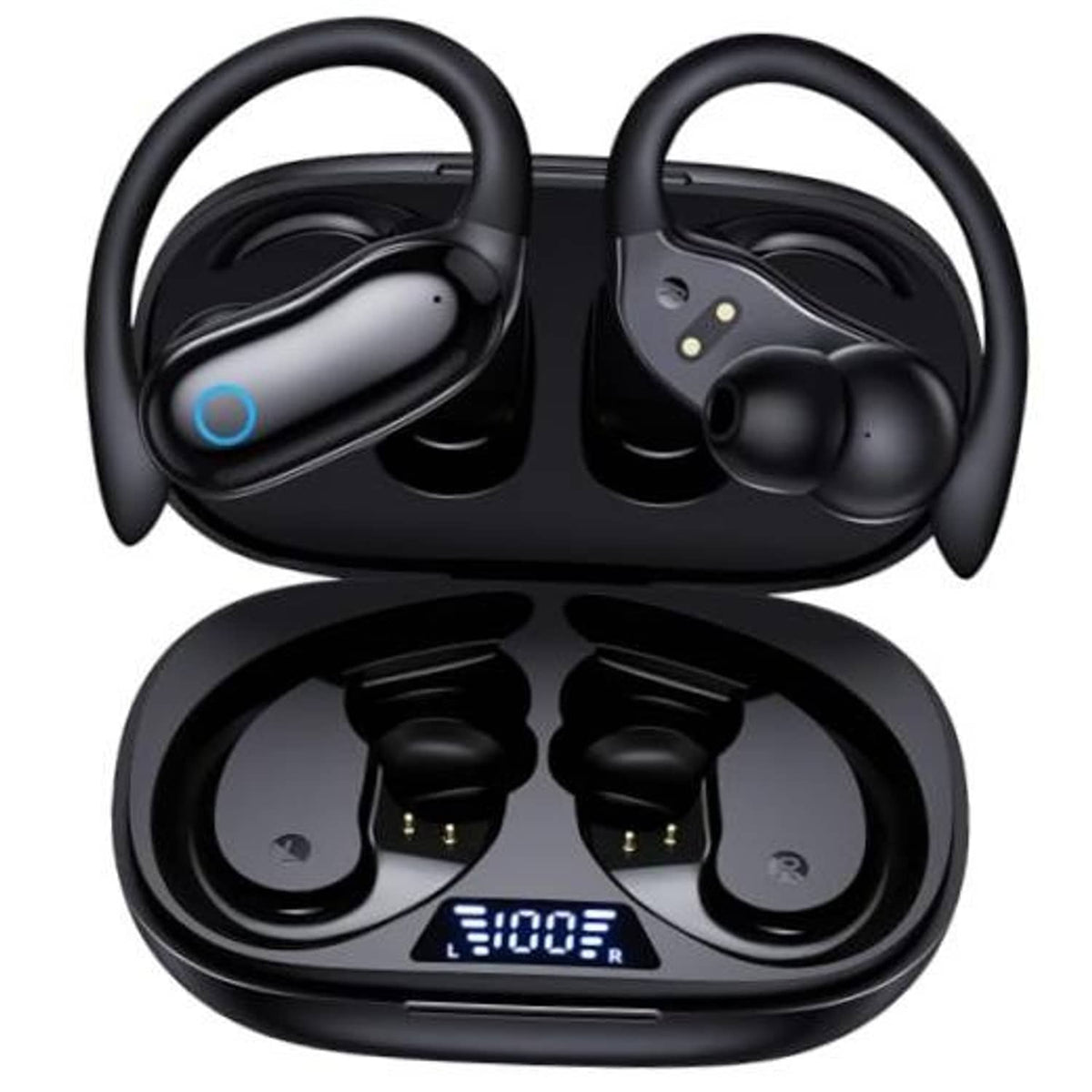 Black wireless earbuds in charging case, earbuds open with blue status lights.