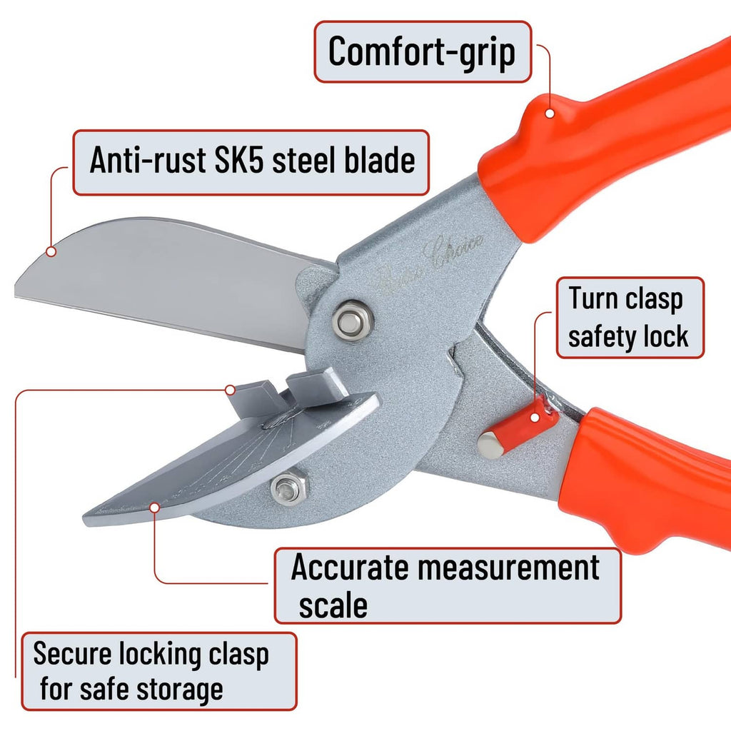Miter shears detail with comfort grip handle, anti-rust steel blade, and safety lock