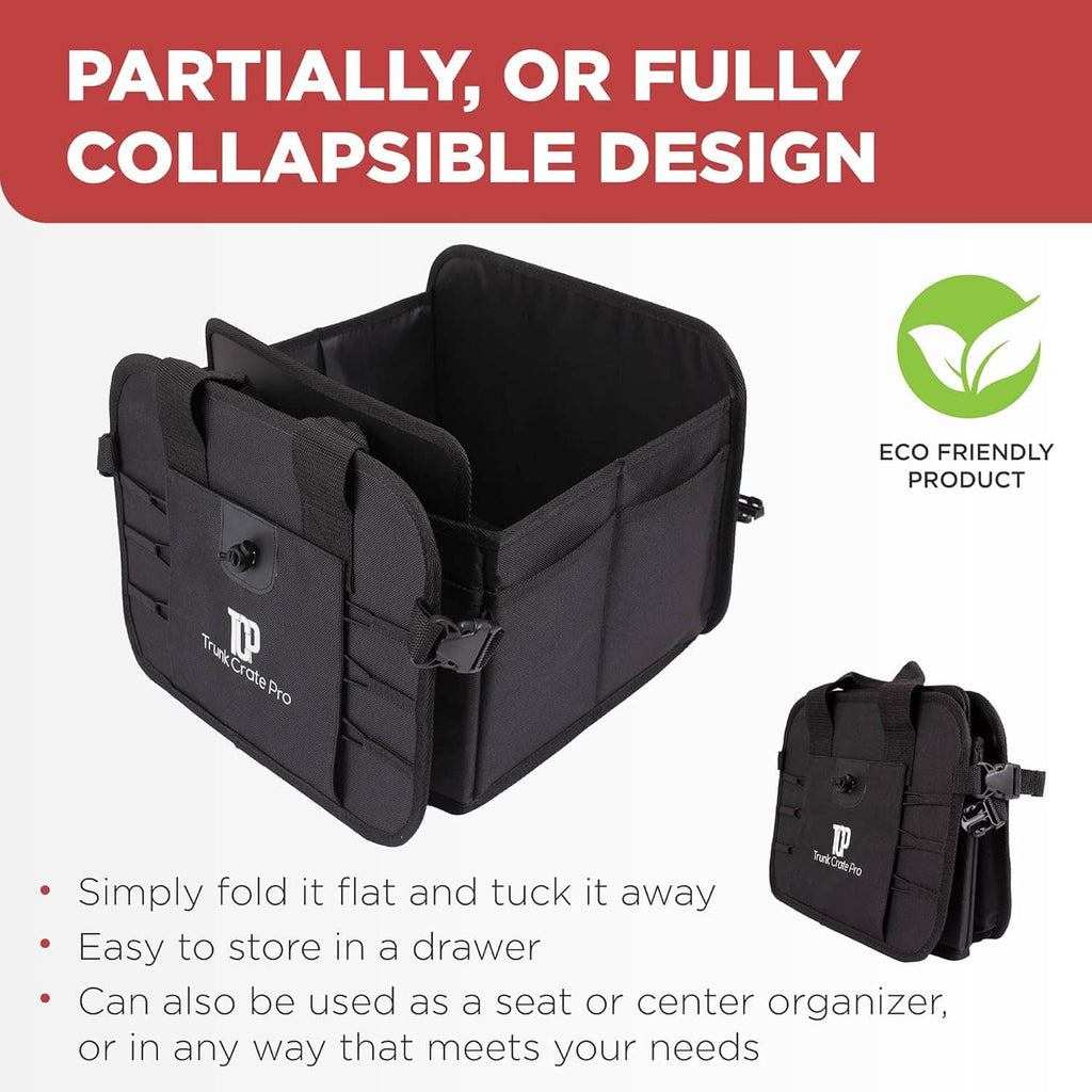 Foldable black car trunk organizer with padded walls and multiple carry handles