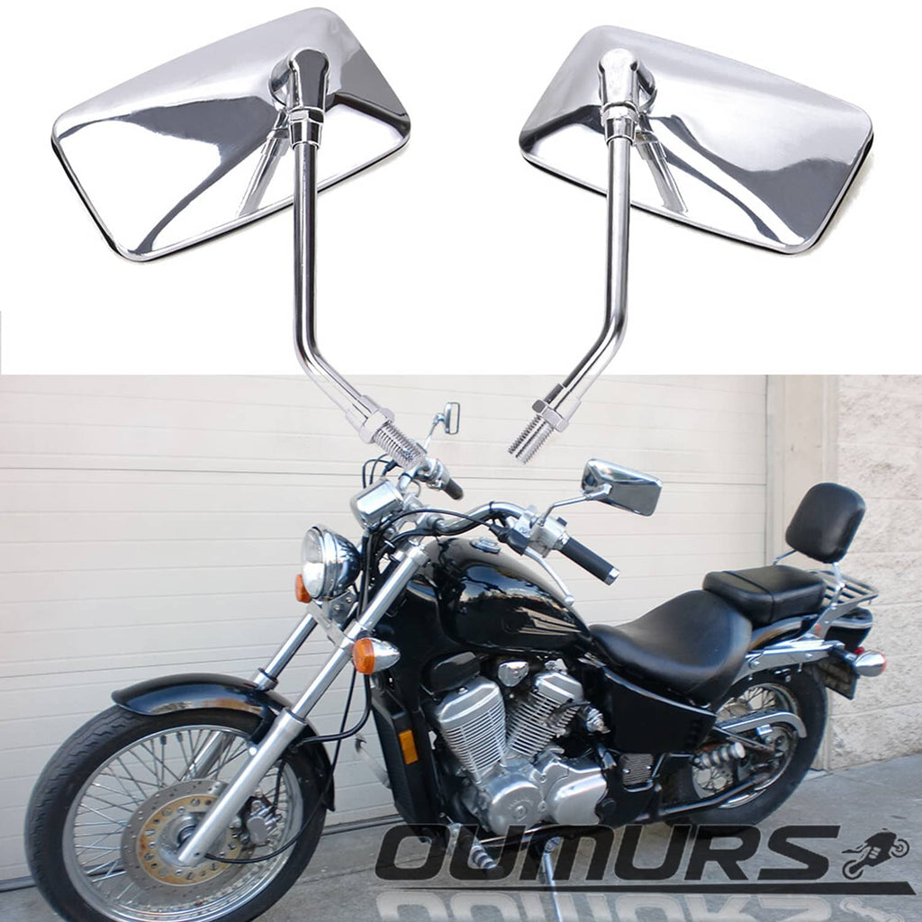 Chrome rectangular rearview mirrors with chrome stems mounted on a motorcycle