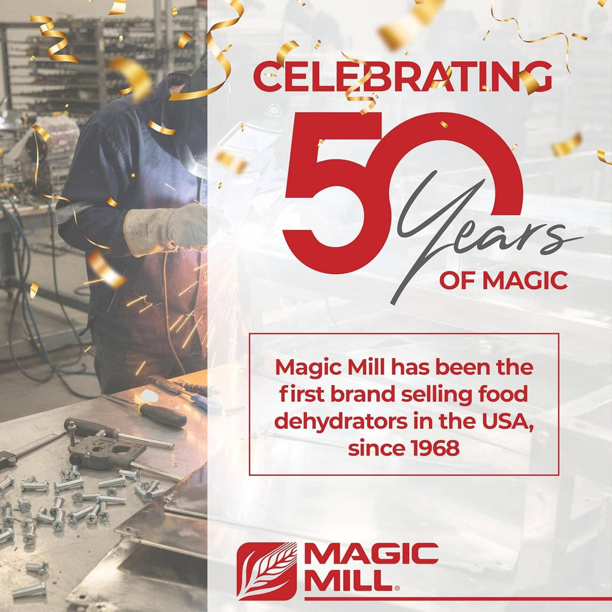 Magic Mill 50th anniversary promotional banner with red 50 logo