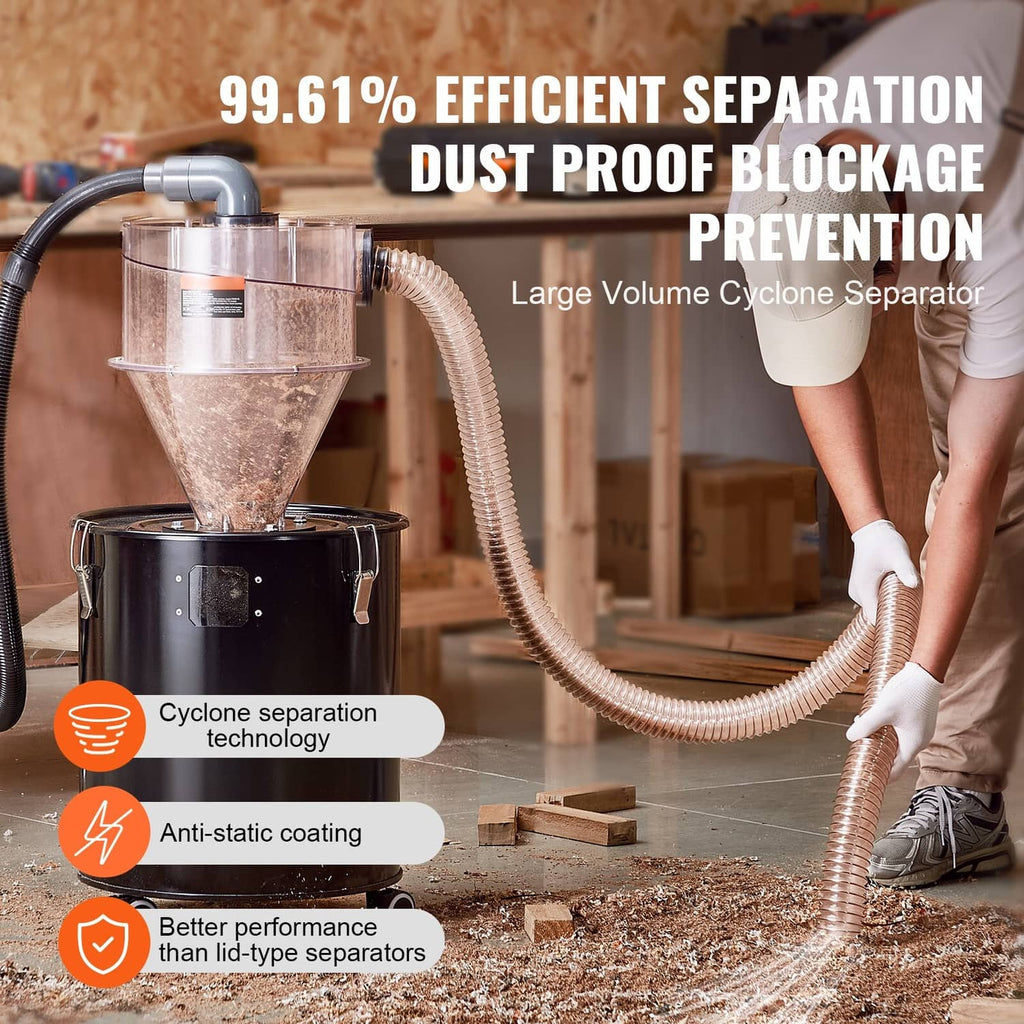 Cyclone dust separator separating dust into a clear hopper above a black collection drum